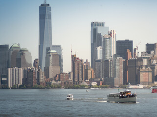 Shot of the skyline of New York City from the Hudson river, with skyscrapers of the downtown district and Wall Street
