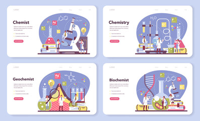 Chemistry science web banner or landing page set. Scientific experiment