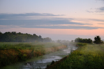 Foggy autumn river, autumn morning landscape