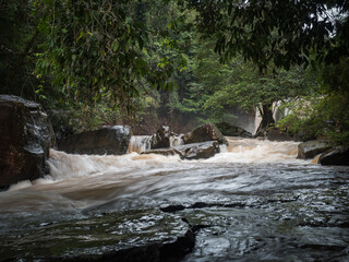 strong water current flowing in stream. a lot of water from waterfall in rainy season.