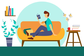 Man sitting on the sofa and reading a fascinating story. Illustration of the concept of education, self-education. Vector illustration in flat style.