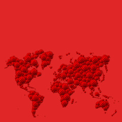 A pandemic of covid 19 sars corona virus plague that crosses international boundaries, affecting people on a worldwide scale, map of the world made of virus model on red background