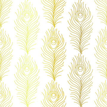 Thin line peacock tail pattern. Art deco repeat golden feathers pattern. Seamless gold vintage vector background. Luxury decorative ornamental wallpaper.