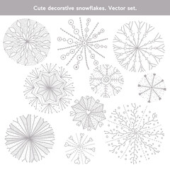 Cute silver decorative snowflakes. Vector set.