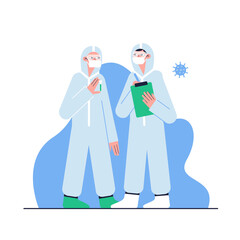 Obraz premium Vector illustration. Medical concept. Doctors in protective suits. Coronavirus epidemic.