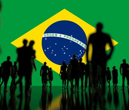 Silhoettes of people on the flag of Brazil background 3d rendering