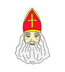 Traditional Santa Claus of the Netherlands, Belgium. Saint Nicholas Day, Sinterklaas in a red gold miter, gray hair, beard. New Year, Christmas design. Color vector freehand drawing. Print, postcard.