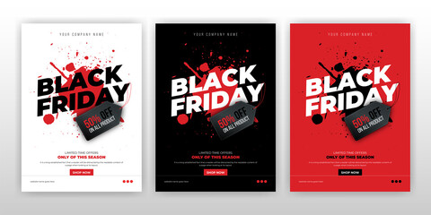 Black Friday sale flyer template. Dark background with red and black balloons for the seasonal discount offers.