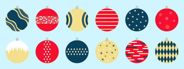 Concept for Christmas toys, New Year holiday. Vector illustration, set of minimalistic multi-colored icons of Christmas tree decorations on a blue background.