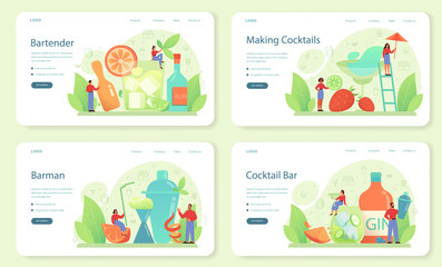 Bartender web banner or landing page set. Barman preparing alcoholic