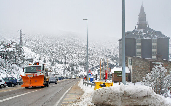 The Puerto de Navacerrada, a mountain pass in the Sierra de Guadarrama North of Madrid, covered with snow after a cold night in spring