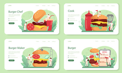 Fototapeta premium Fast food, burger house web banner or landing page set. Chef cook