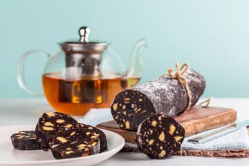 Chocolate salami with tea
