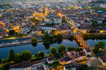 Aerial view of Perigueux city illuminated at night, Perigord Blanc, Dordogne..