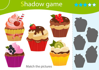 Shadow Game for kids. Match the right shadow. Color image of holiday cupcakes or muffins. Pastry and bakery. Worksheet vector design for children and for preschoolers.