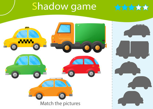 Shadow Game for kids. Match the right shadow. Color images of cartoon cars. Taxi, passenger cars and truck. Transport or vehicle. Worksheet vector design for children