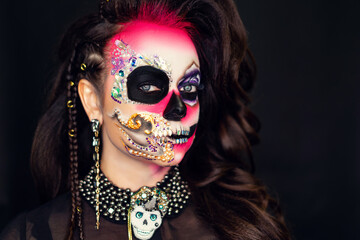  Sugar skull girl in hat, studio shot