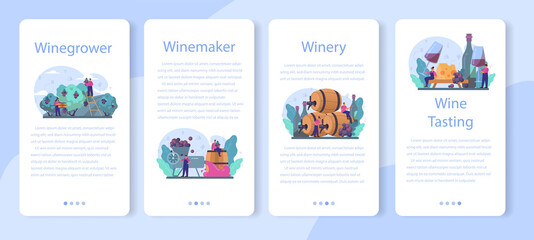 Wine maker mobile application banner set. Grape wine in a wood