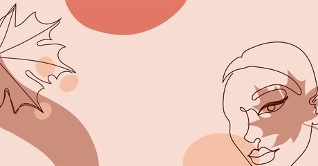 Banner with a continuous black line of a woman's face with autumn leaves.