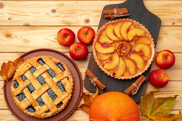 Thanksgiving berry and apple various pies on wooden surface, top view