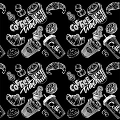 Raster seamless prints. Coffee and baking prints. Patterns for coffee shops and pastry shops. Coffee, pastries, muffins, croissants, doughnuts. Black and white illustration of food and drinks line.
