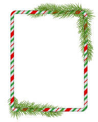 Fototapeta na wymiar Blank Christmas border, candy cane frame with branch of christmas tree, fir. Isolated on white background. Holiday design, decor. Vector illustration.