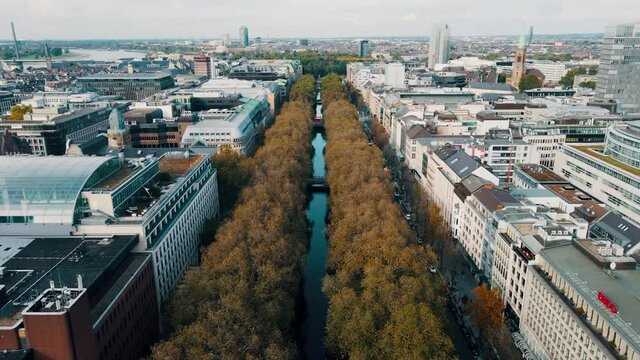 Düsseldorf, Germany - aerial shot of the famous Königsallee showing a tree alley in autumn colors