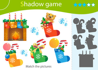 Shadow Game for kids. Match the right shadow. Color image of Christmas Socks, Christmas boots with gifts, toys and sweets. Fireplace with ornaments. Worksheet vector design