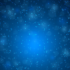 Blue background with lights and snow, dark blue sky. Vector illustration. Holiday poster template design, decor.