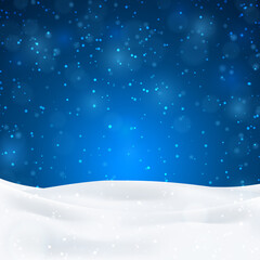 Night background with lights and snow, dark blue sky. Vector illustration. Merry Christmas poster. Holiday design, decor. Vector illustration.