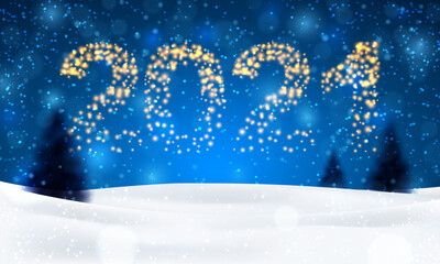 Christmas night background with fir trees and snow, dark blue sky and illuminated numbers 2021 Vector illustration. Merry Christmas poster. Holiday design, decor. Vector illustration.