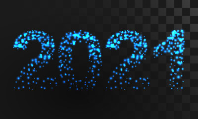 Illuminated numbers 2021 from blue lights on transparent background. Merry Christmas poster. Holiday design, decor. Vector illustration.