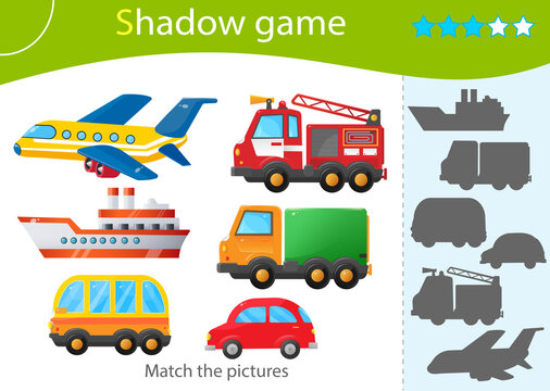 Shadow Game for kids. Match the right shadow. Color images of transportation or vehicle. Fire truck, car, truck, Bus, ship and plane. Worksheet vector design for children