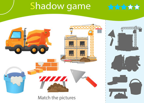 Shadow Game for kids. Match the right shadow. Color image of build of house with elevating crane, concrete mixer and construction tools. Worksheet vector design for children