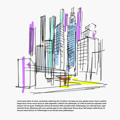 Skyscraper scribbles doodle style, isolated vector illustration.