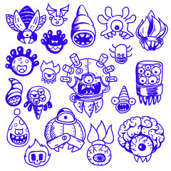 alien monster mutants, hand drawn doodle style set, isolated vector illustration.