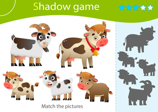 Shadow Game for kids. Match the right shadow. Color images of farm animals with cubs. Cow and calves, goat and kid. Worksheet vector design for children