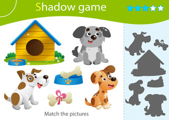 Shadow Game for kids. Match the right shadow. Color image of cartoon dogs. Pets. Worksheet vector design for children and for preschoolers.