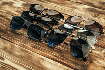 Set of dark sunglasses on brown wooden surface