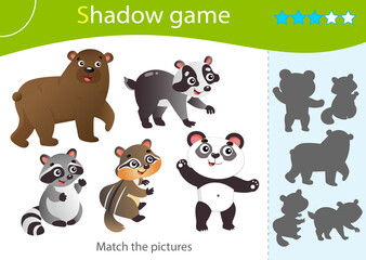 Shadow Game for kids. Match the right shadow. Color images of animals.  Panda, raccoon, chipmunk, badger, bear. Worksheet vector design for children and for preschoolers.