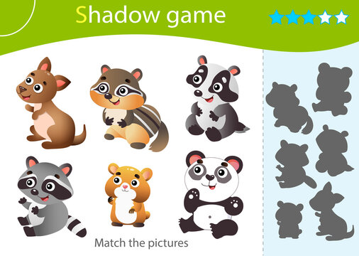 Shadow Game for kids. Match the right shadow. Color images of little animals. Panda, raccoon, badger, chipmunk, hamster, kangaroo. Worksheet vector design for children