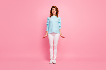 Fototapeta na wymiar Full length body size view of her she nice-looking attractive lovely cute feminine cheerful cheery wavy-haired girl posing isolated over pink pastel color background