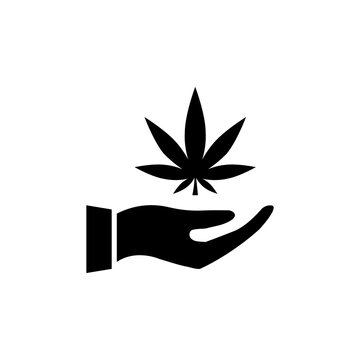 Hand holding cannabis icon. Black marijuana and human arm outline. Vector illustration isolated on white