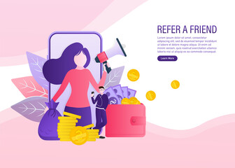 Refer a friend concept design, people share info about referral and earn money. Suitable for web landing page, mobile app, banner template. Vector Illustration.