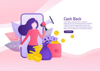 Flat icon with cash back people for concept design. Cash back concept in flat style. Vector illustration.