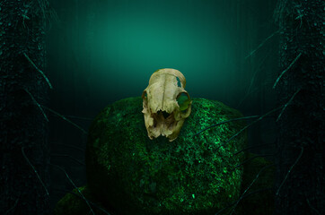 Skull on mossy rock in dark coniferous forest. Occult pagan worshiping ritual