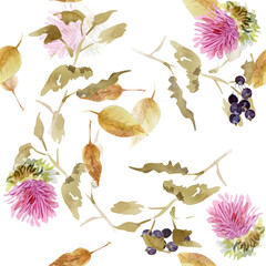 seamless floral pattern with watercolor yellow leaves, dark violet berryes and pink aster
