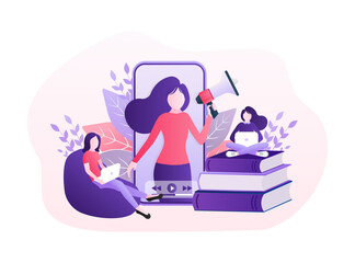 Live webcast in flat style with people. Listen to podcast. Flat illustration. Vector illustration.