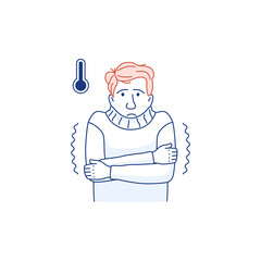 Sick person portrait isolated thin line icon. Man in fever, high temperature, thermometer sign. Flu virus cold coronavirus symptom. Character in sweat. Outline medical infographic vector illustration.