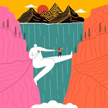 Huge man who acts as bridge for girl across canyon with waterfall. Mountains and sun in background. Concept design of support, love, friendship, psychological help, overcoming fears. Romantic print